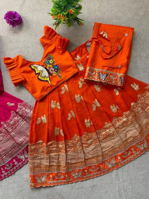 Butterfly Buff Lehengha-Choli Dupatta Vichitra Silk Orange Kids clothing wholesale market - wholesale export